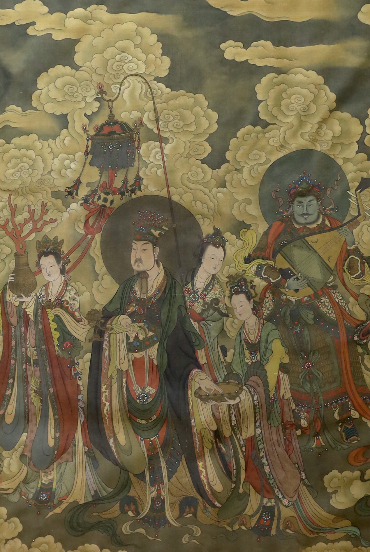 A Chinese colour print on silk, Immortals, 90 x 62cm